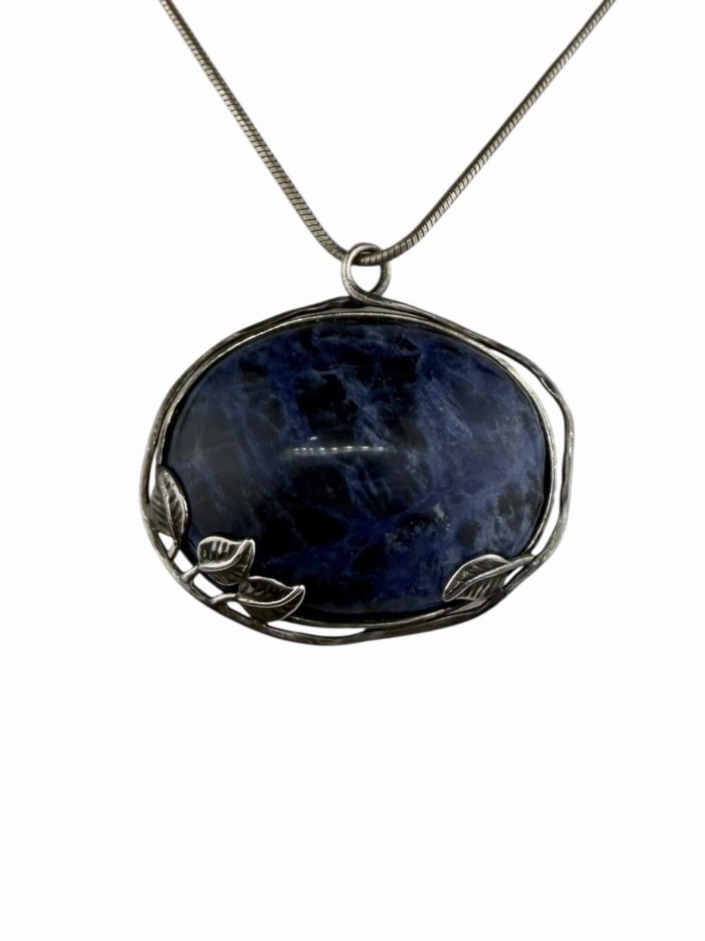 Sodalite 1.75" Pendant Leaves Sterling Silver Necklace Snake Chain 16.75"